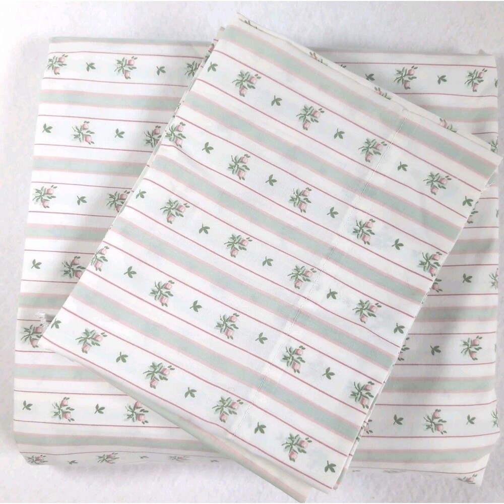 Vintage Lady Pepperell Queen Sheet Set Sweet Lizzie Ditsy Floral Stripe Cottage